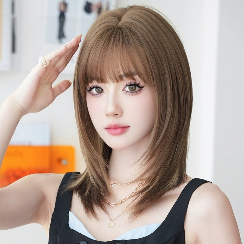 【メーカー直販】レディース ロングストレートウィッグ 50cm ミルクティーブラウン ハイライト 米白色 内巻き 高温耐熱 フルウィッグ 自然仕上げ