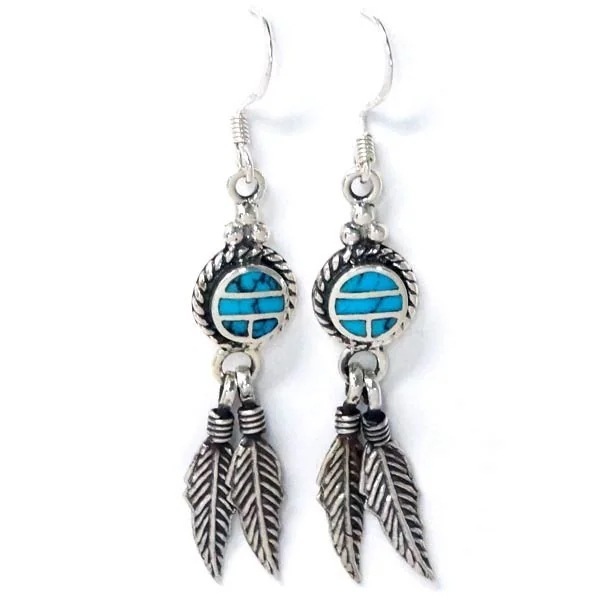 インディアンジュエリー フック ピアス フェザー 羽 天然石 ターコイズ インレイ シルバー