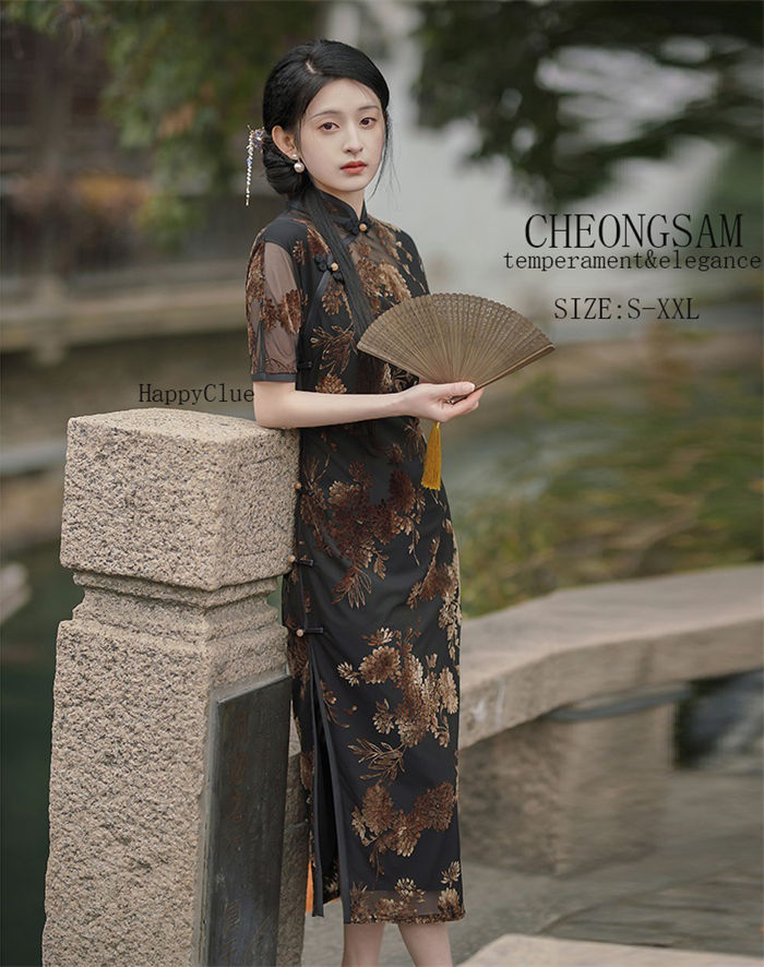 チャイナドレス チャイナ風 ワンピース 立ち襟 優雅 古典 スリット エレガント 黒 花柄 パーティードレス きれいめ 半袖 夏 ロング丈ワンピース 上品 レディース 30代40代 ママ 母 レトロ
