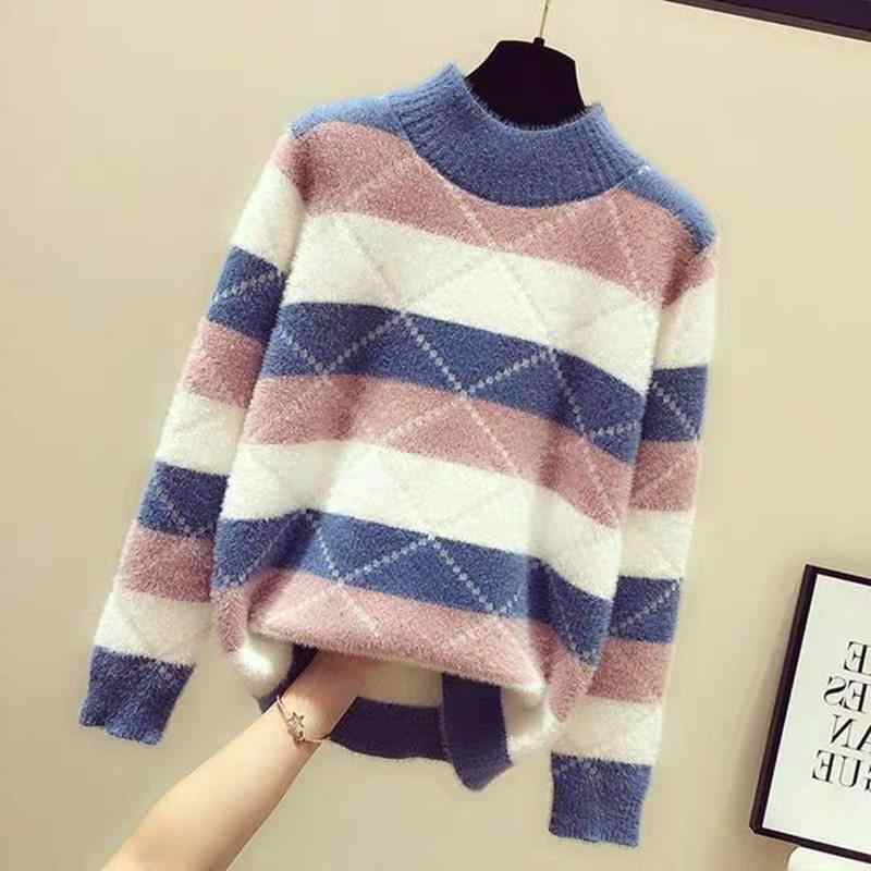 レディース ファッション 服 オシャレ カワイイ シンプル 大人カワイイ 大きいサイズ 春秋 ハーフ タートルネックセーター ストライプ セーター