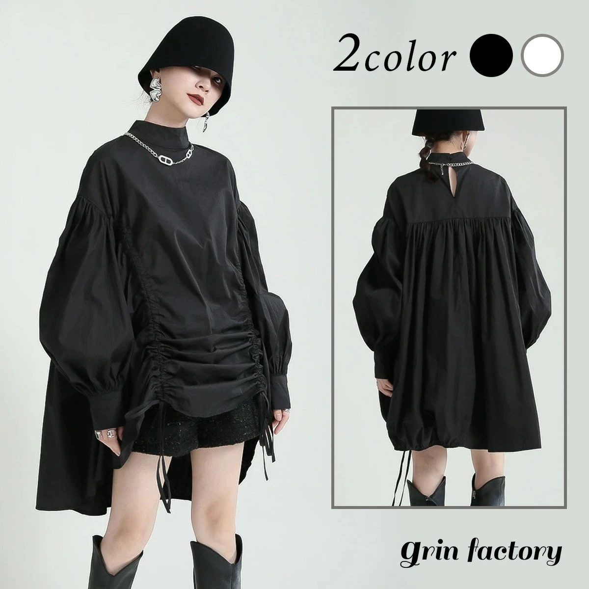 【即納】シャツワンピース ギャザー チュニックシャツ ショート 個性的 ユニーク パフスリーブ ワンピース フリル 長袖 ブラック 黒 ホワイト 白 チュニック レディース おしゃれ きれいめ 可愛い