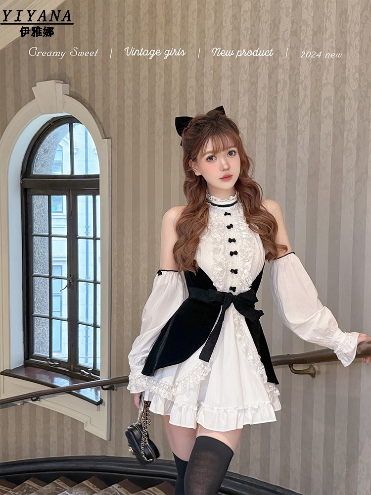 lolita地雷パーカーロリータ ワンピース ゴスロリドレス甘い重工業レーススプライシングホルタードレス女性の夏のウエストスリムパフプリンセスドレス