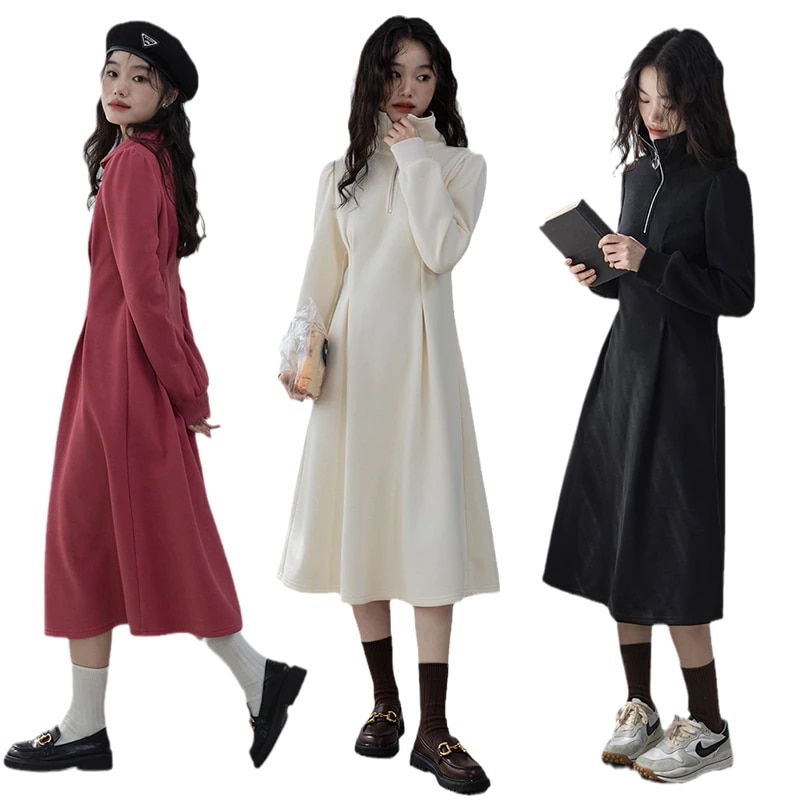 裏起毛ワンピース ロングパーカー ポロワンピース 長袖 秋冬 韓国ワンピース ロング 腰括れ カジュアル デート 通勤