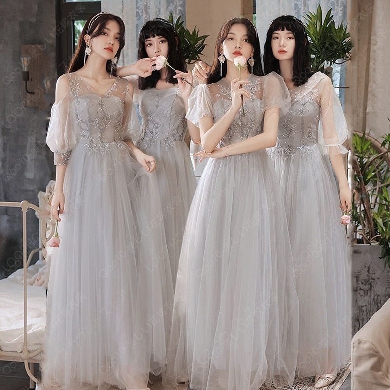 パーティドレス ロング ピアノ発表会 ブライズメイドドレス ピンク ブルー グレー パーティードレス 結婚式 袖付き ロング丈 ミモレ丈 長袖 小さいサイズ XS 大-81-13