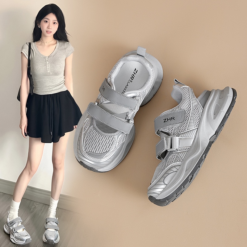 ZHR Zeze 5CM 高めの中空ダディシューズ女性用夏用メッシュ通気性ベルクロスポーツダディサンダル