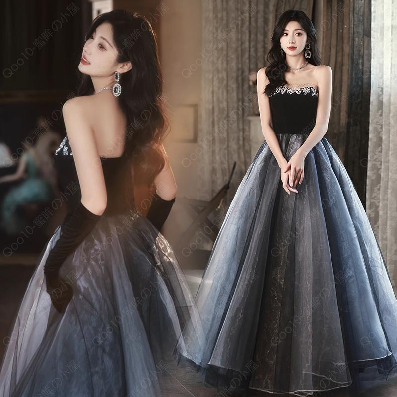 カラードレス ロングドレス Aラインドレス ビスチェ グレー ブラック パーティードレス ウェディングドレス 結婚式 二次会 花嫁 前撮り 演奏会 発表会-25