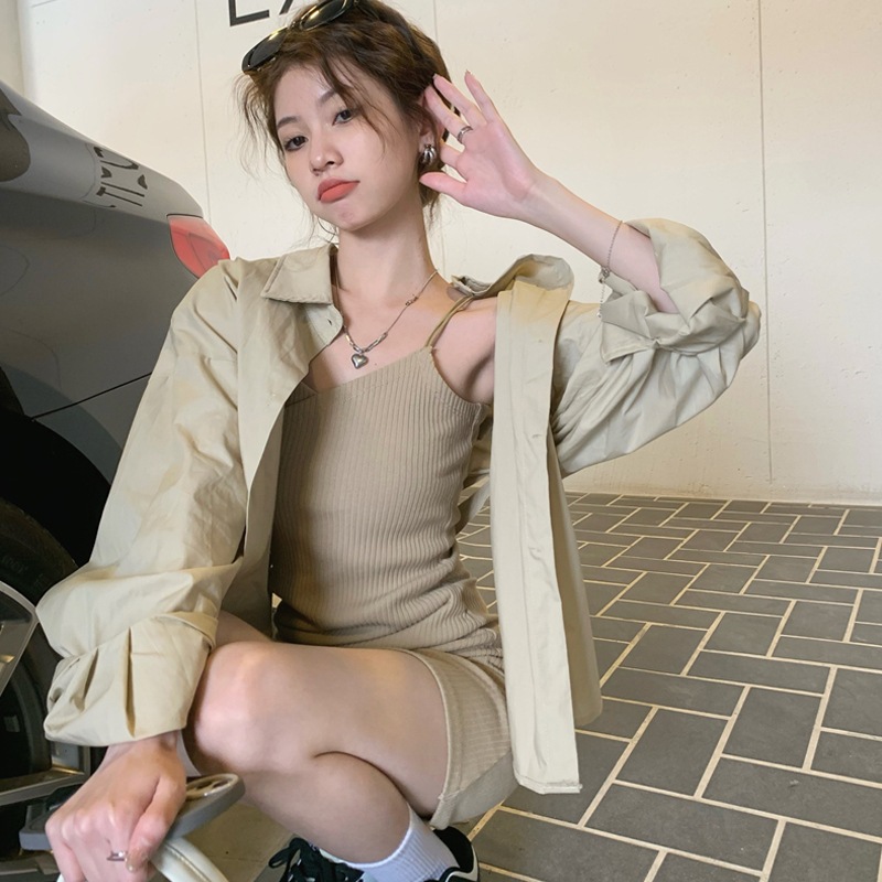 長袖シャツ キャミワンピース トップス ワンピース シャツ ブラウス ワンピドレス ミニ ミニ丈 袖あり 長袖 襟付き 前開き 2点セット ツーピース かわいい 大人可愛い きれいめ シンプル