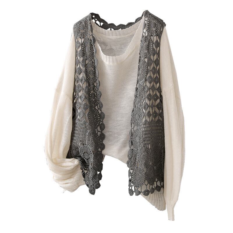 アウター 上着 ジレ ベスト ニットジレ ニットベスト ショート丈 無地 透け感 シアー レース 肌見せ 可愛い かわいい きれいめ 大人 上品 エレガント 抜け感 こなれ感 シンプル ナチュラル l