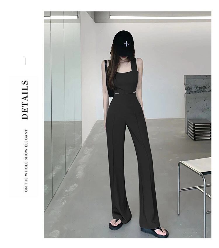 オールインワン サロペット ロンパース ロングパンツ ワイドパンツ レディース ロング マキシ 丈長 ノースリーブ スリム 細身 ストレート ハイウエスト サイドオープン ウエストカット ハイエンド