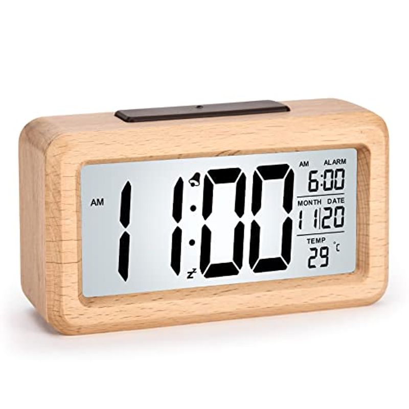 デジタル時計 目覚まし時計 最大55 Offクーポン おしゃれ インテリア 天然木製 置き時計 液晶 光センサー 日付 温度