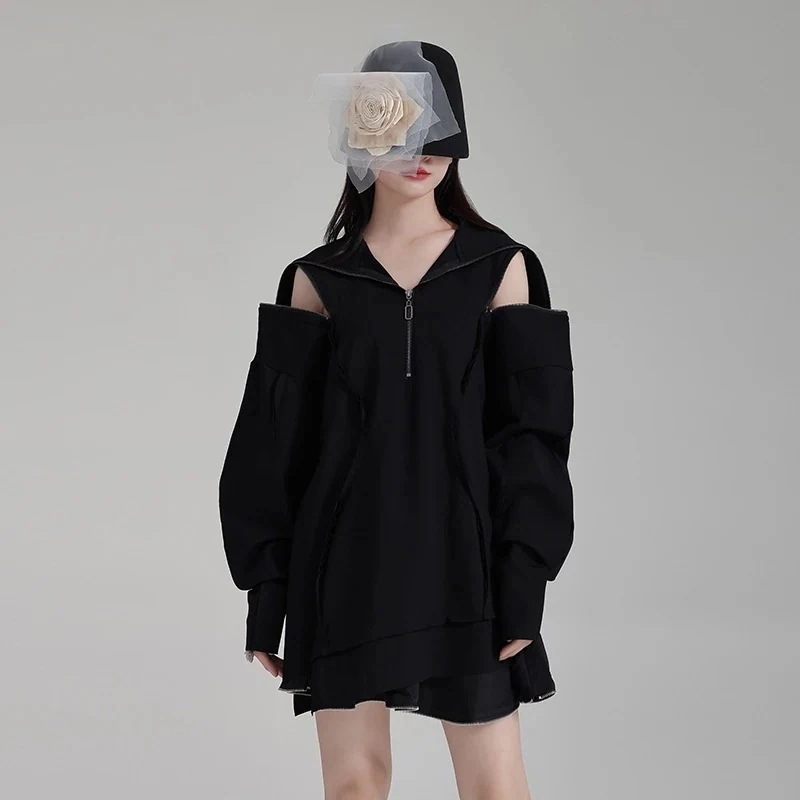 カシミヤタッチ ロンT ファスナー 長袖 スウェット レディース 春秋 ブラック ゆったり スウェット ロングスウェット