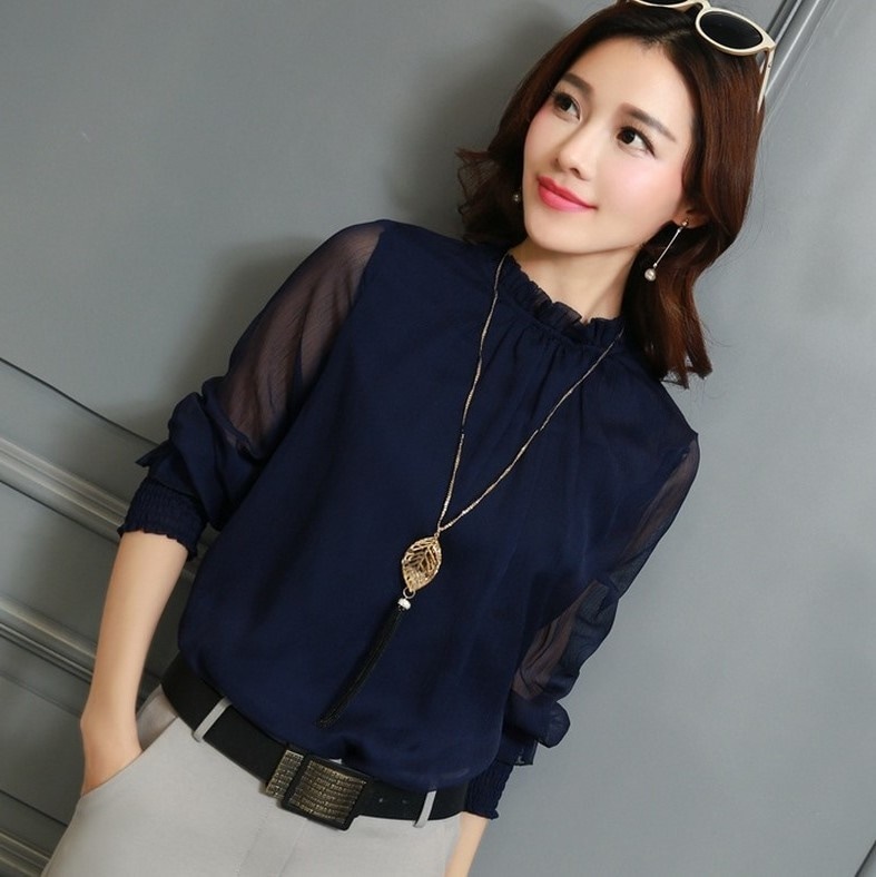 2306.シフォンハイネックフリル襟レースブラウス(ネイビー) 2019 春夏 新作 大人 かわいい カジュアル きれいめ OL 20代 30代 デート服 女子会 通勤 通学
