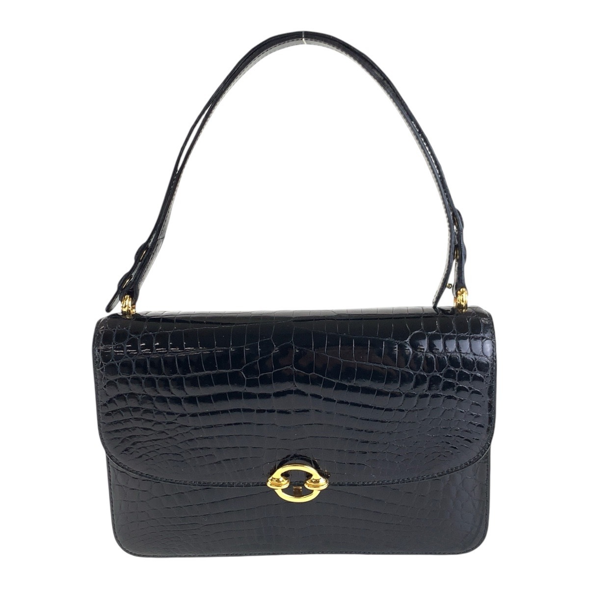 美品 ブラック 黒 ゴールド金具 クロコダイル ショルダーバッグ ハンドバッグ レディース 410672