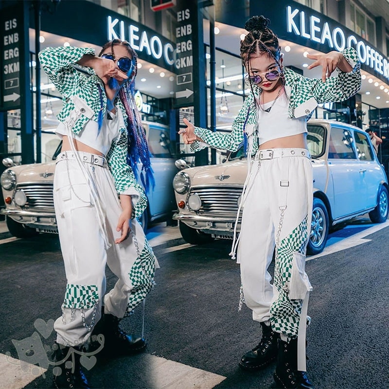 キッズダンス衣装 ヒップホップ 女の子 HIPHOP 子供服 白ベスト 無地 チェック 切り替え ジャケット パンツ チアガール ジャズダンス チアガール 応援団 へそ出し 練習着 体操服 発表会 h