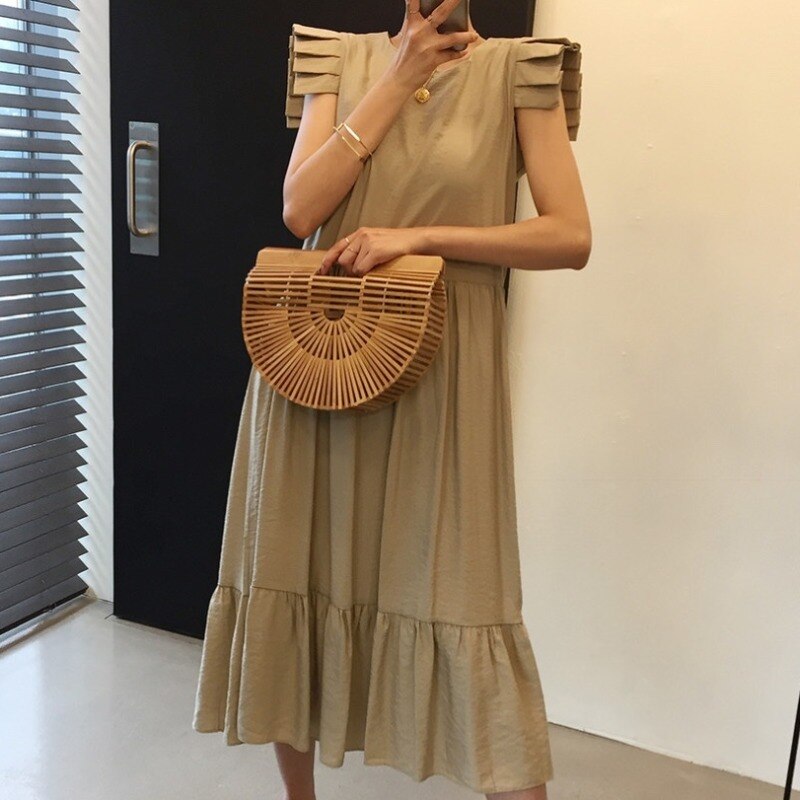 2色 ワンピース ノースリーブ 夏 きれいめ カジュアル かわいい ロング aライン Aライン フレア ティアード ロング ロング丈 アンクル丈 7分丈 ミディアム丈 ミドル丈 レギュラー丈 フリル袖