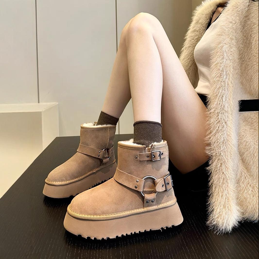 可愛い女の子ファー一体型スノーブーツ厚底本革ウールレディース冬プラスベルベット厚手の牛革東北綿
