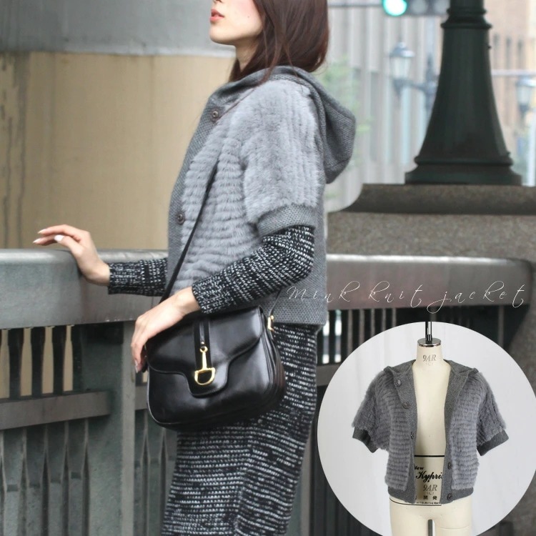 ミンク ファー カシミヤ混 ニット フードジャケット グレー ベージュ ショートタイプ 送料無料 レディース プレゼント