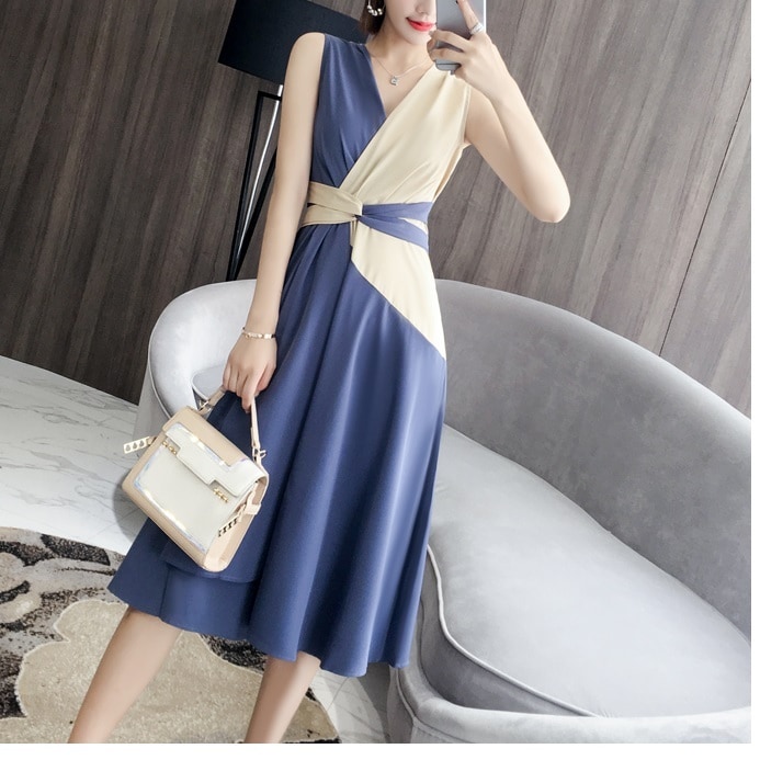 ワンピース ドレス バイカラー くすみカラー ウエストベルト ひざ丈 スタイルアップ 袖なし ノースリーブ 襟なし ウエストマーク フリル かわいい 大人可愛い 大人女子 メンズライク 存在感
