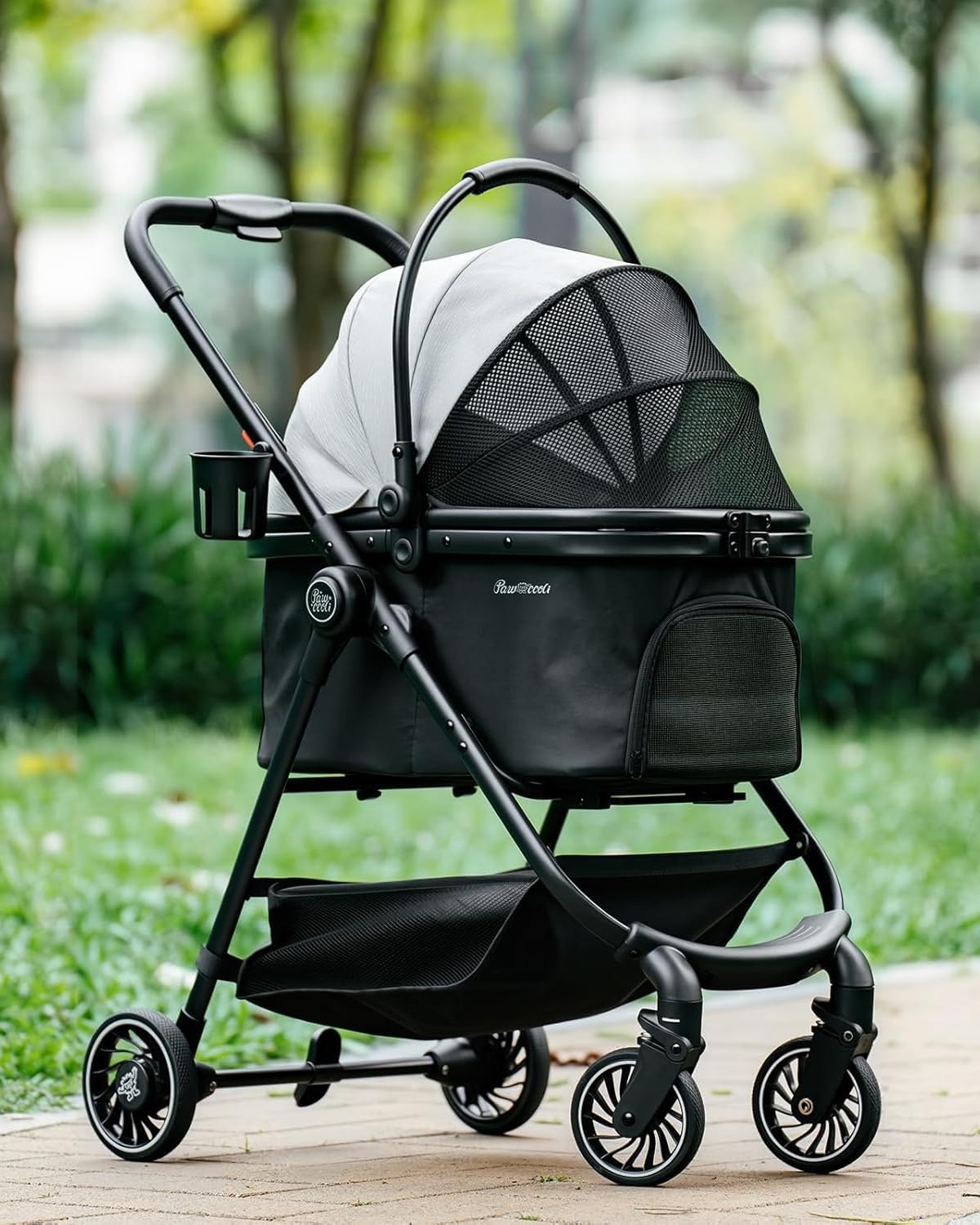 分離型折りたたみペットカート 4輪 耐荷重15kg メッシュ窓 足踏みブレーキ カップホルダー 飛び出し防止リード付き