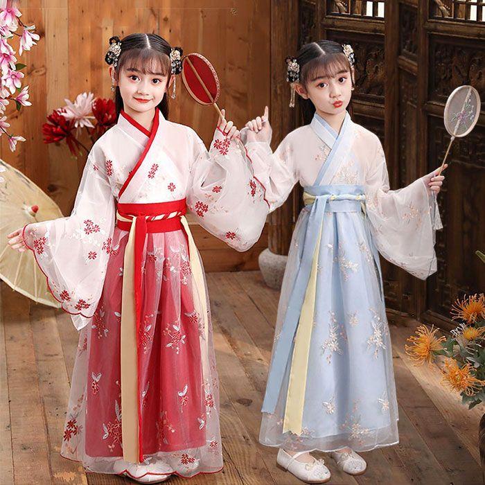 【超お得1つ買うと10個もらえる】急速出荷子供漢服 女の子 古典なダンス衣装 中華風ドレス 花刺繍 ワンピース 交差襟 フレア袖 古典楽器演奏服 唐装漢服 ハロウイン コスプレ 演劇 舞台ステージ衣装
