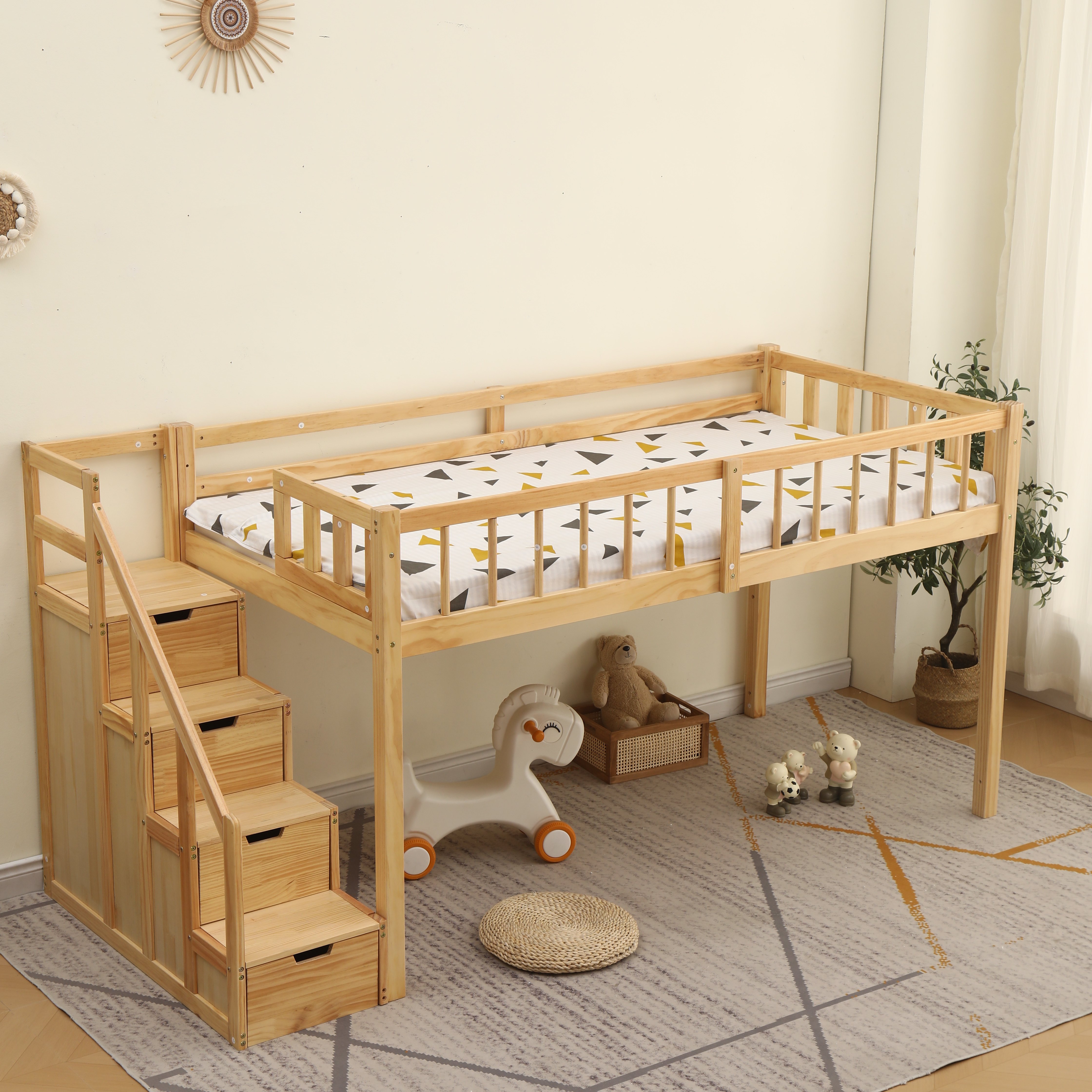 【新作】【ナチュラル】ロフトベッド 木製 ベッド ロフト システムベッド 子供ベッド シングル ロフトベッドロータイプ ウッド 階段 収納 北欧風 子供部屋
