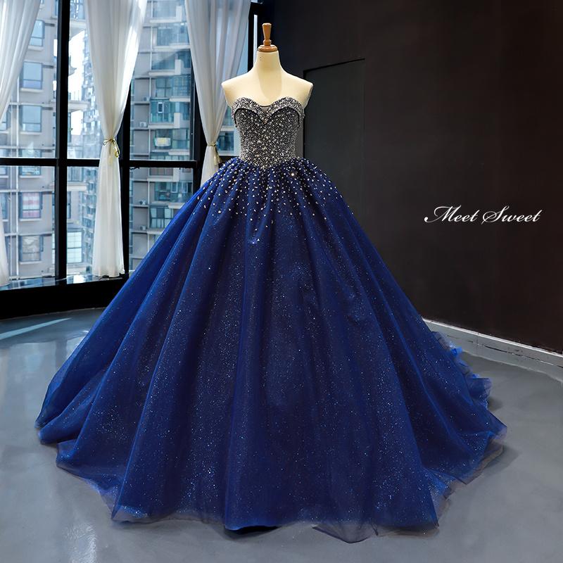 カラードレス プリンセスライン ロイヤルブルー ベアトップ ビーズ ロングドレス ウェディングドレス 結婚式 二次会 花嫁 前撮り 演奏会 発表会 ステージ衣装