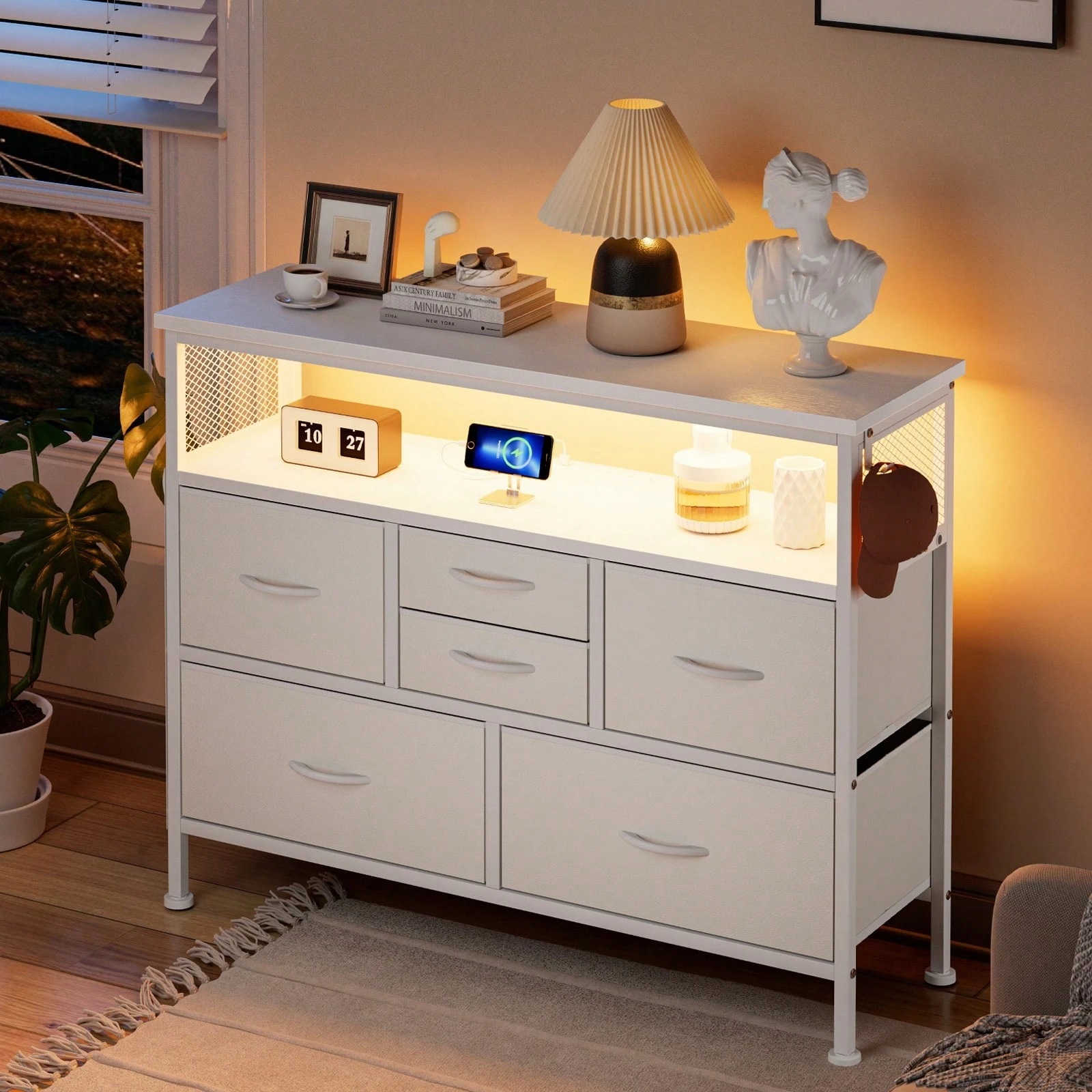チェスト収納 箪笥 棚付き リビング収納チェストLEDライト付きおしゃれ 収納ケースタンス 引き出し 大容量 北欧 USBポート付き洋服タンス 布製 テレビボード 収納ボックス マルチチェス 整理タン