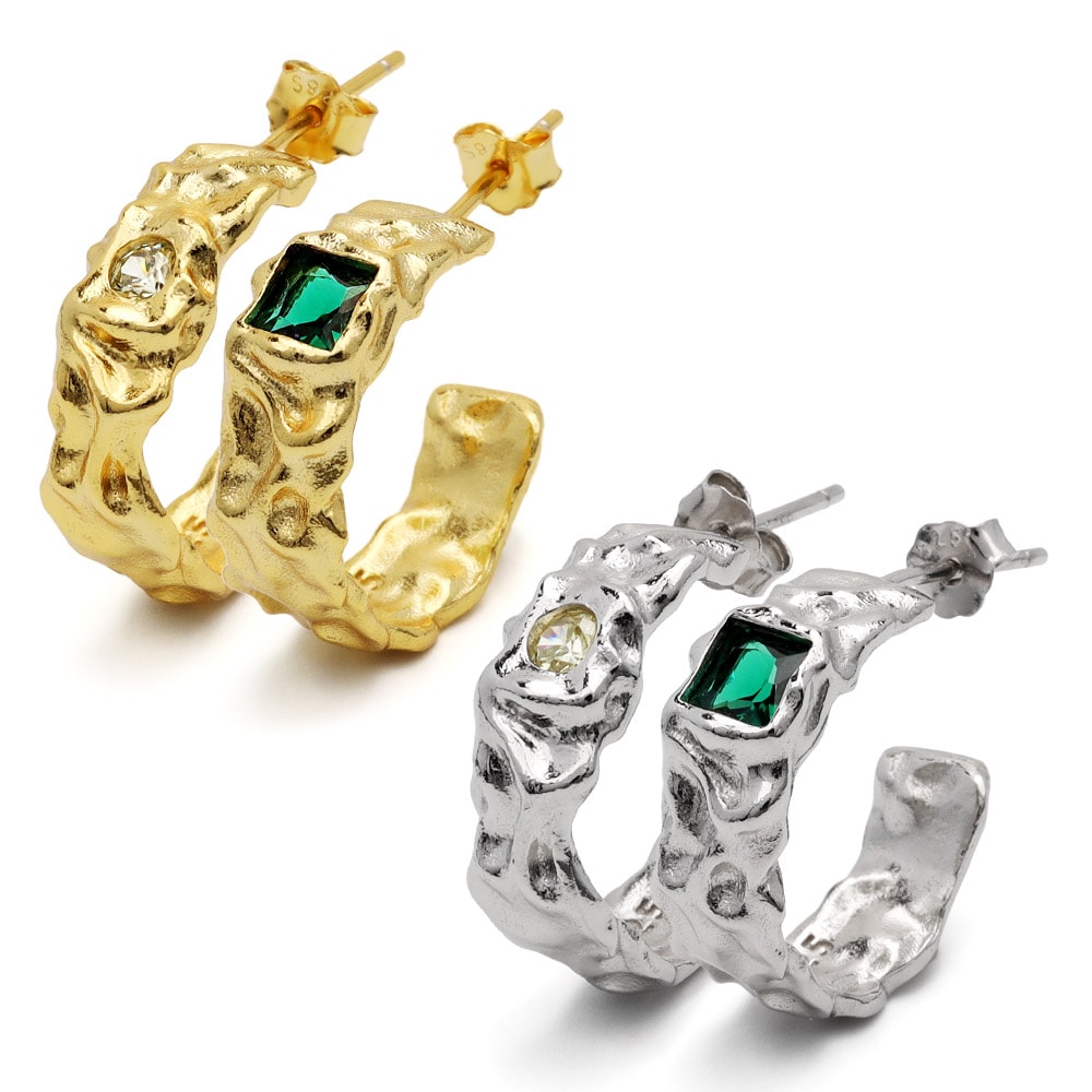 S925 CZ フープピアス 槌目 凸凹 [ce238]