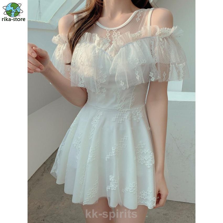 ワンピース水着 水着レディース ワンピース 体型カバー 大きいサイズ 水着 レディース 韓国 フリル オフショルダー シアー袖 スカート 白 レース 刺繍 8,921円