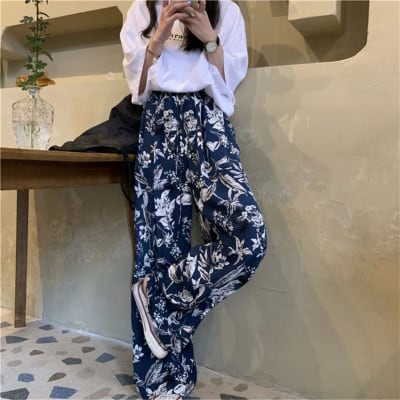 ボトムス ボトム おすすめ おしゃれ お洒落 安い プチプラ パンツ ワイド パンツ ハイ ウエスト 太め ぶかぶか 花柄 ポリエステル ウエスト ゴム 動きやすい 韓国