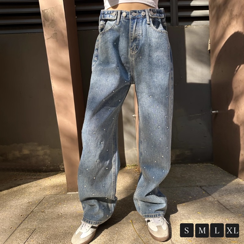 デニムパンツ ビジュー付き ワイドパンツ デニム レディース ジーンズ パンツ ウエスト調整