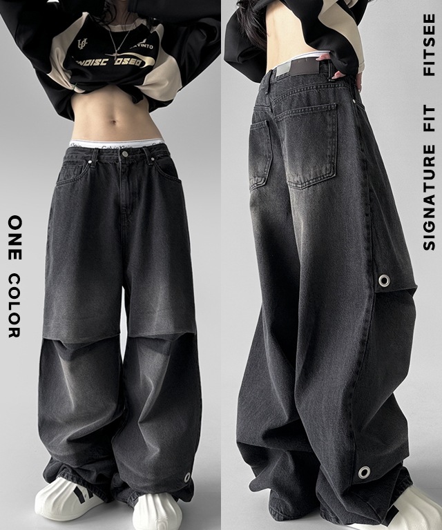 [メガワイド/ユニセックス] フック アイラット ブラック ダブル ピンタック ワイド ウォッシング デニム パンツ ズボン
