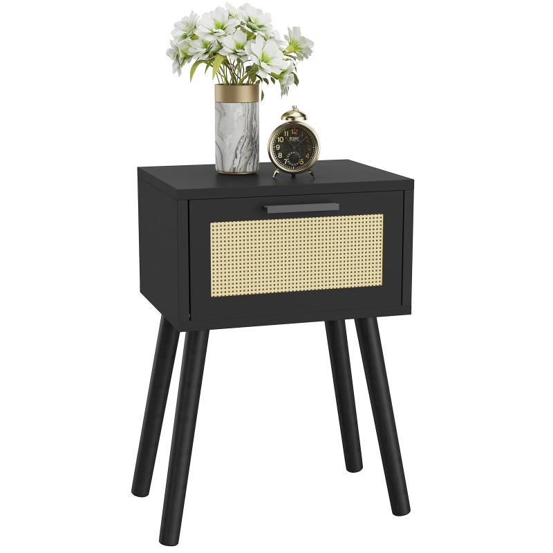 YMYNY ナイトテーブル サイドテーブル 籐編み前板 MDFボード 木目調 ラタン風 木製 脚付き おしゃれ 簡単組立 コンパクト ナイトスタンド ソファテーブル ベッドサイドテーブル サイドキャビ