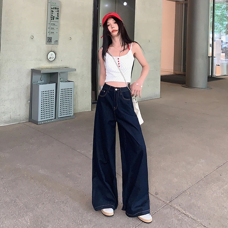 ロングパンツ ダークブルー ワイドレッグ ジーンズ レディース ゆったり ドレープ 床丈パンツ