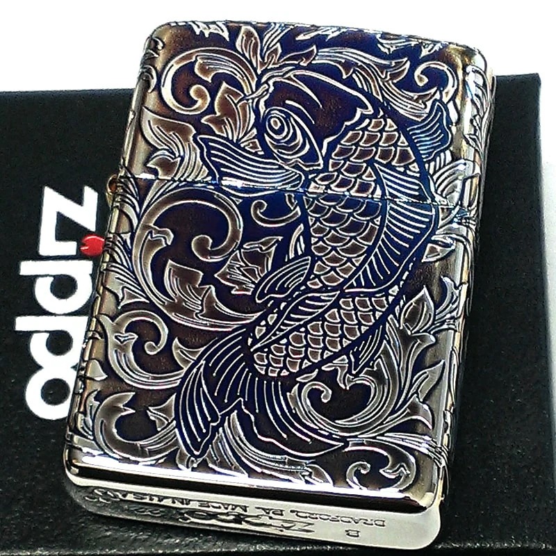 ZIPPO アーマー アラベスク 昇鯉 ジッポ ライター オーロラシルバー 5面彫刻 綺麗 和柄 かっこいい イブシ仕上げ メンズ 高級 おしゃれ ギフト プレゼント