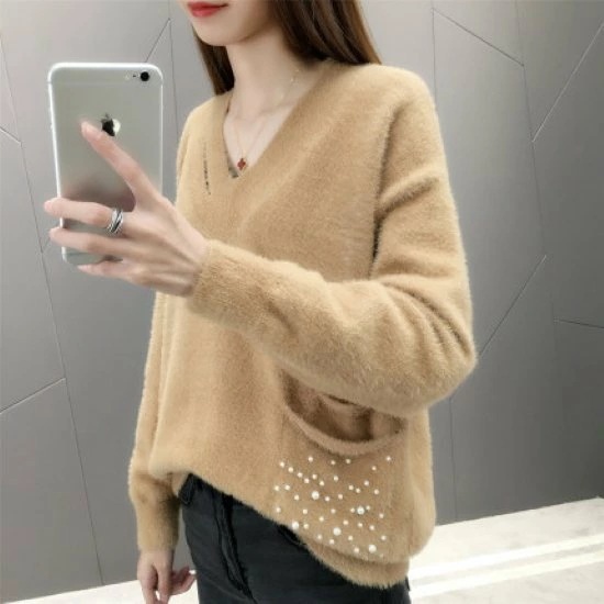 長袖ニットセーター レディース トップス Vネック シンプル 無地 プルオーバー ニット セーター ポケット パール 装飾 長袖 カジュアル お出掛け おしゃれ きれいめ 長袖ニットセーター