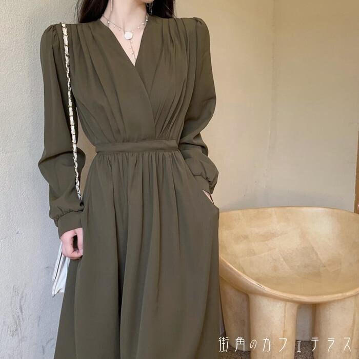 ワンピース カシュクール Vネック 深Vネック 長袖 ロングワンピース ロング丈 ミモレ丈 フレア ハイウエスト バックリボン りぼん 大きいサイズ L-4XL プラスサイズ ゆったり