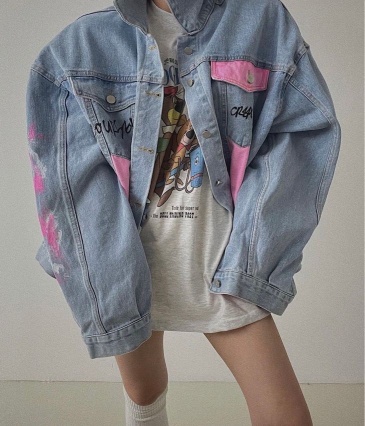 ペインティング オーバーサイズ デニム ジャケット Gジャン アウター 落書き風 ストリート 秋冬 おすすめ レディース オシャレ トレンド 人気 プチプラ 韓国ファッション