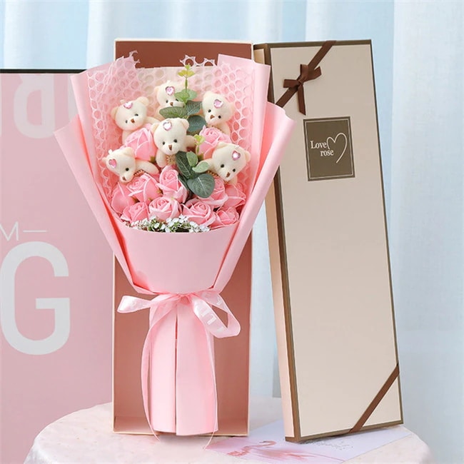 4色展開　くまボックス　シャボンフラワー 花束 ギフト ソープフラワー ギフト フラワーソープ 誕生日プレゼント バラ 枯れない花 おしゃれ 石鹸素材 女性 女友達 キッズ　子供　フラワー ブーケ30