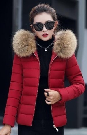 5106.ファーフード付きダウンコート（ワインレッド）2019 春夏 sale アウター 美ライン おしゃれ ショート丈 オフィス ビジネス お出かけ 女子会 普段使い 通勤 通学