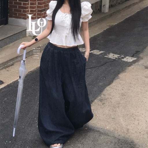 [制服アイテム]フードル メガ ワイド ロング デニム バンディング パンツ