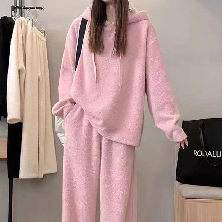 レディース カジュアル スポーツ スーツ ルーズ レイジー スタイル ソフト ワクシー プラッシュ パーカー カジュアル パンツ