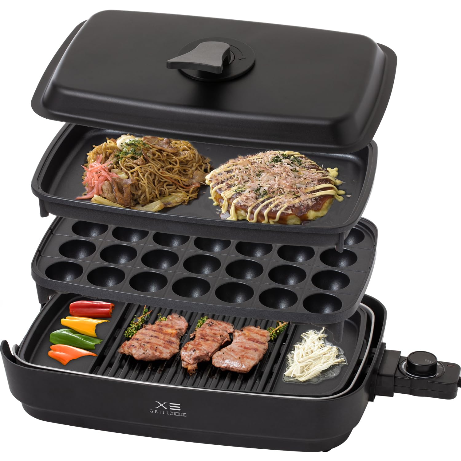 [山善] 煙の少ない 焼き肉グリル XGRILL TRIPLE 一人暮らし 二人暮らし 「素早く美味しく焼ける」 ホットプレート 3枚 (焼肉/たこ焼き/平面) 煙約65%カット 温度調節80~23