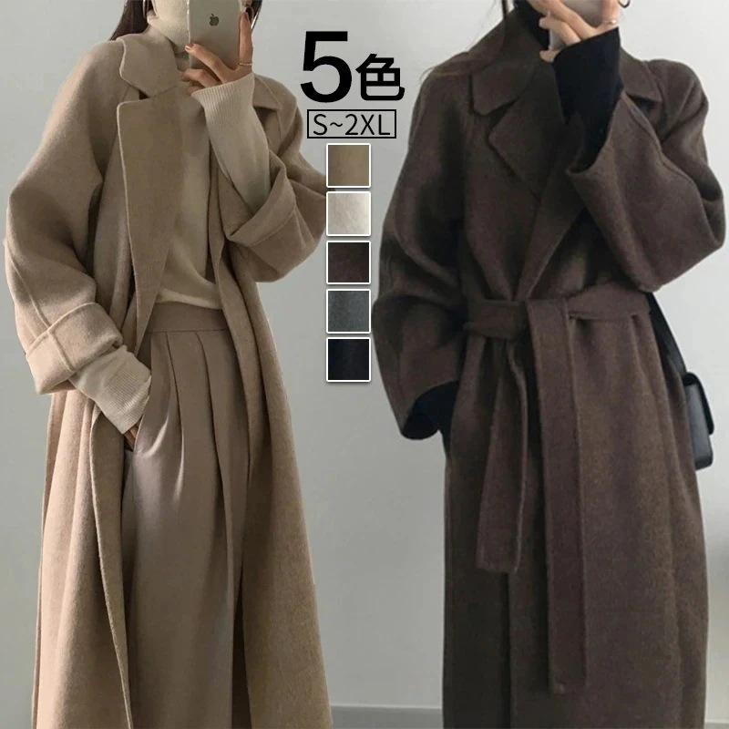 【本日限定】両面カシミアコート レディース 新作 小柄 セミロング 秋気質 高品质 ラシャアウター ロングコート ても厚い ベルト付きゆるロングチェスターコート
