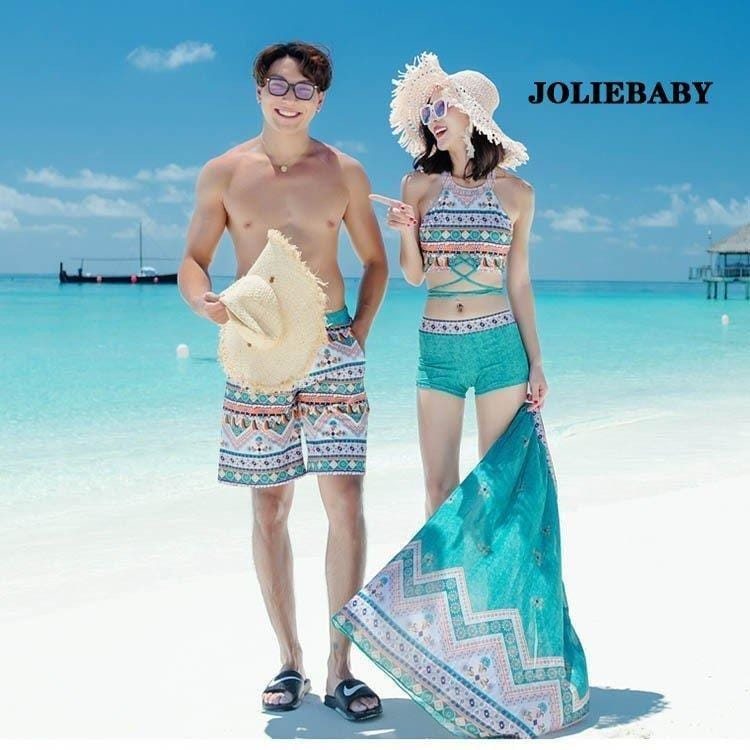 男女2着30%OFF ミズギ ご夫婦 ペアビーチ お揃え 水着 ビーチウエア 水泳服 花柄 パッド付き ワイヤーなし パレオ スイムウェア ビキニ ショール 【6月新品＆イベントセール】水着3点セット