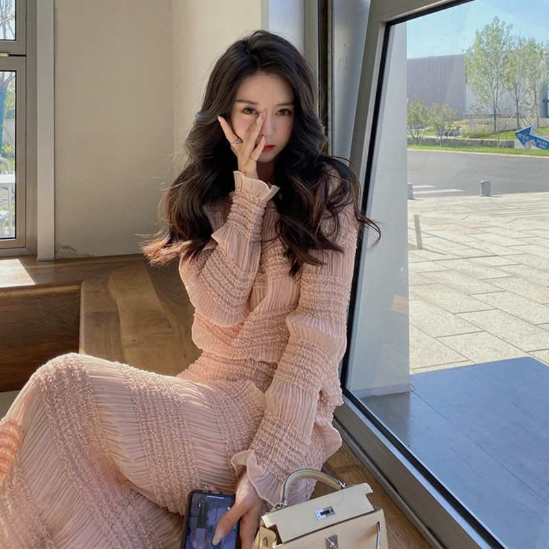 レディース セットアップ セット カットソー ブラウス スカート ミモレ丈 甘口コーデ フェミニン 大人可愛い 長袖 フリル袖 カジュアル キレカジ 休日コーデ デート おしゃれ お出かけ ピンク S