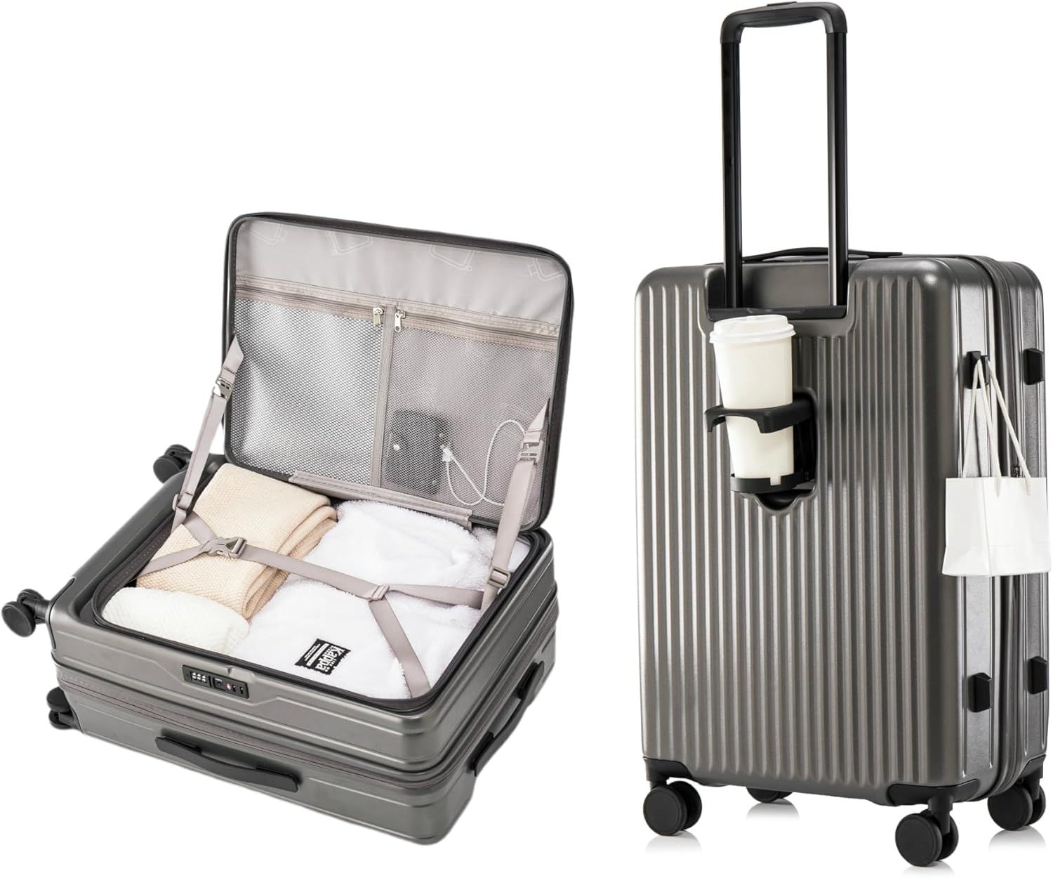 スーツケース キャリーケース 片開き 拡張機能付き ファスナータイプ フロントオープン 大容量 機内持ち込み 超軽量 カップホルダー付き TSAロック キャリーバッグ 横開き ハード ビジネス 旅行