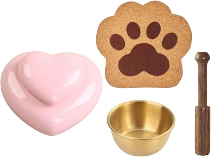 ペット 仏壇 仏具 骨壷 犬 猫 祭壇 おりん ミニ 骨壺 分骨用 分骨入れ物 肉球コルクマット リン棒 4点 セット(ピンク)