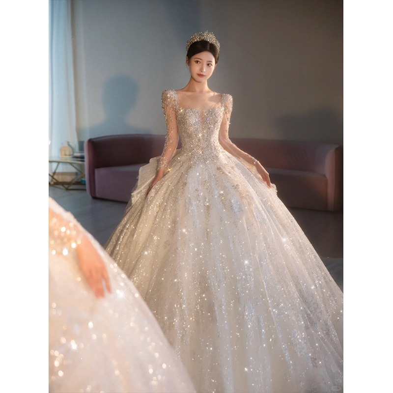 花嫁用長袖重工業ウェディングドレス2025妊婦向け生地小柄な方向け大きいサイズ軽量