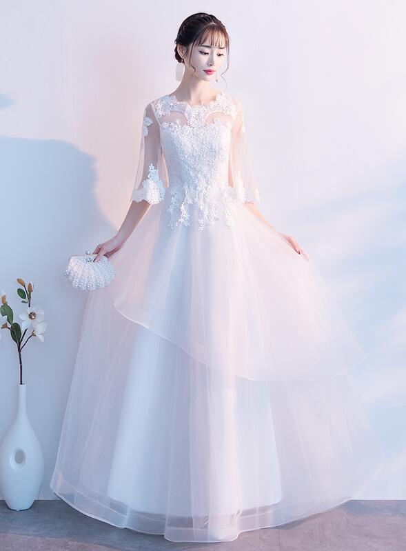 激安セール 2タイプ 白 ウェディングドレス レース 刺繍 二次会 結婚式 Aライン 七分袖 ワンピース ミディ丈 マキシ丈 ホワイト プリンセスラインドレス 着痩せ 姫系 披露宴 挙式 花嫁 パーテ
